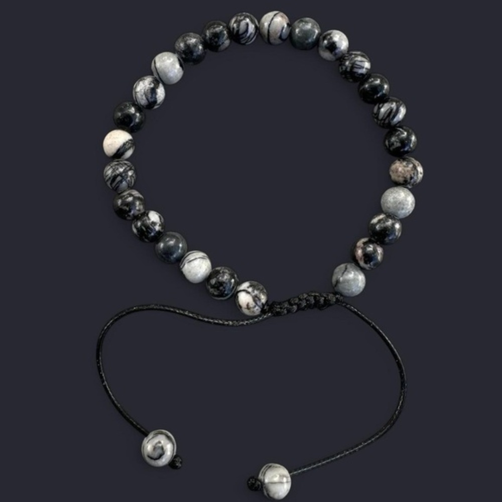 Black Picasso Jasper Adjustable Gemstone Bead Bracelet 6mm